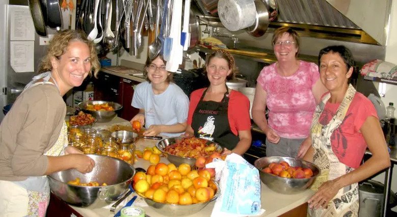 Group of people in a kitchen surrounding a table with bowls of fruit to be canned. 